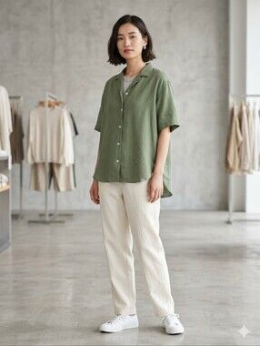 #B1 UNIQLO SZ MED Olive Green Button-Up Short Sleeve Shirt P2P21 L23